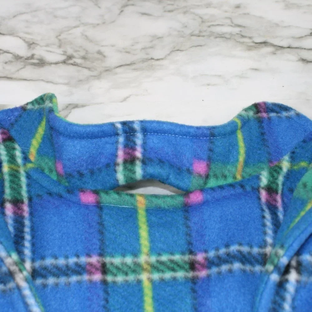 HAND CRAFTED Dog Coat Fleece Winter Reversible Blue Plaid Print B M XS